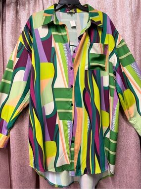 Max Studio Multicolor Abstract Geometric Button-Down Shirt